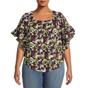 Terra & Sky Colorful Patterned Cotton Plus Size  Blouse with Ruffled Sleeves 4X